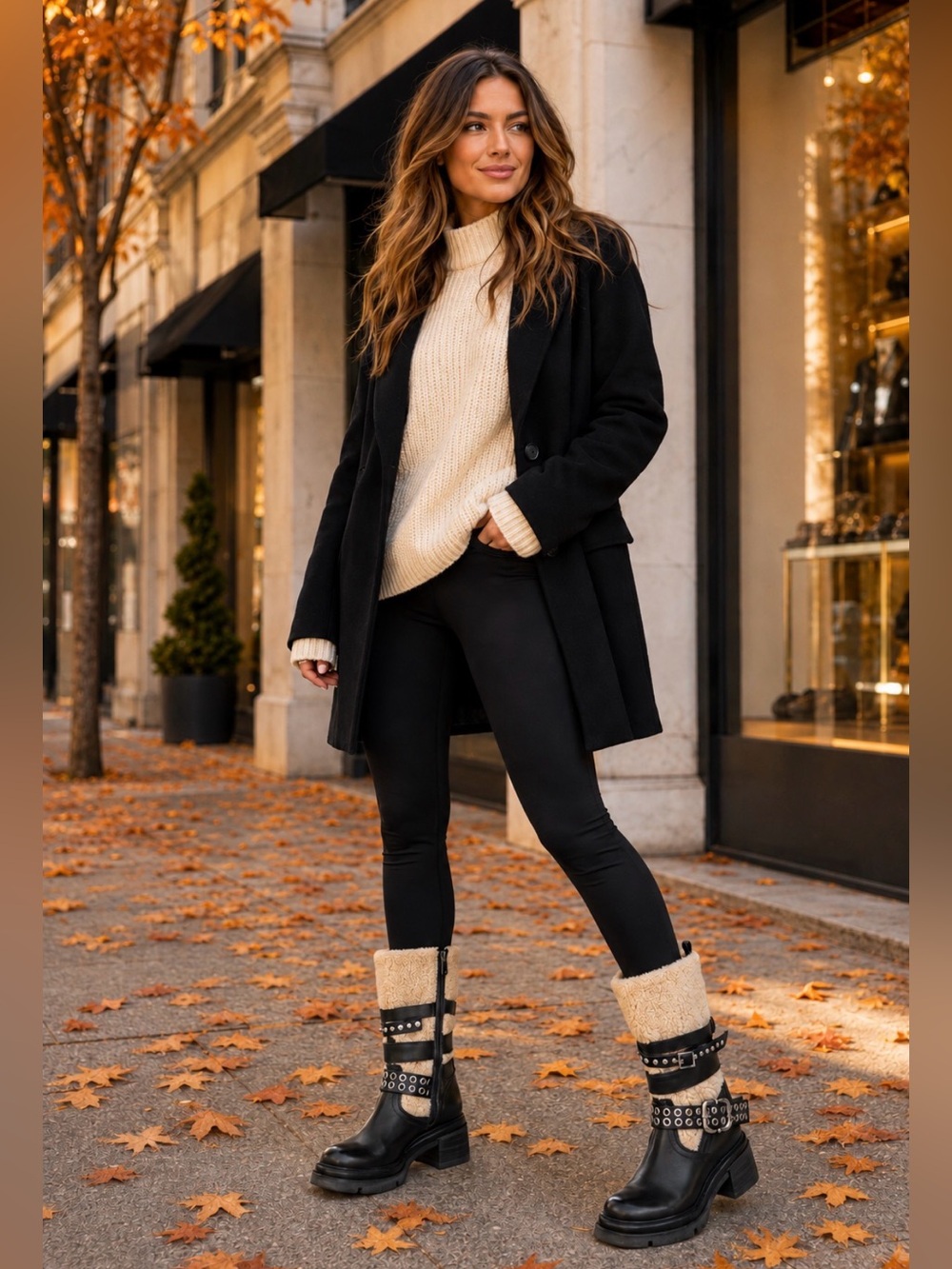 A.S.98 Emmons Shearling & Black Leather Moto Boots w/ Buckle Straps, Biker, 8.5